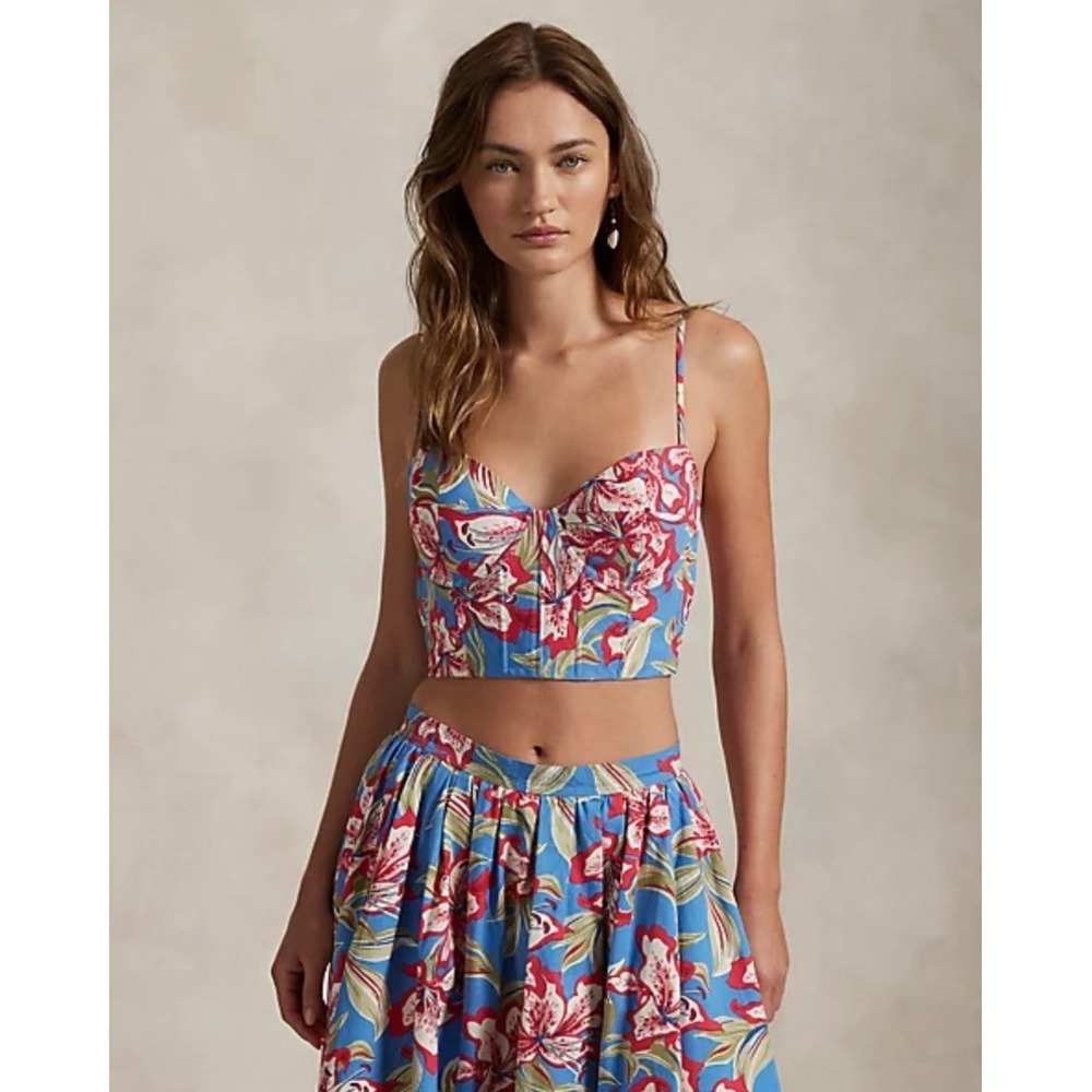 Polo Ralph Lauren Bustier Top Women Size 6 Blue Floral Tropical Cotton Cropped